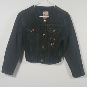 Vintage Jordache Gold Small Cropped Faded Black Denim Jacket Chain Detail EUC